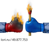 Burning the competition business concept with two competing businessmen wearing boxing gloves with one holding a lit match that has set his competitor on fire as a metaphor for strategy. Стоковое фото, агентство Ingram Publishing / Фотобанк Лори