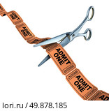 Cutting entertainment costs and remove the arts program concept with a ribbon of admit one movie ticket stubs being cut by scissors as a concept of saving money and reducing costs of recreation on a white background. Стоковое фото, агентство Ingram Publishing / Фотобанк Лори