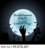 Happy Halloween Greeting Card. Elegant Design With Zombie Hand, Bat, Grave, Cemetery and Moon  Over Grunge Dark Blue Starry Sky Background. Vector illustration. Стоковая иллюстрация, агентство Ingram Publishing / Фотобанк Лори