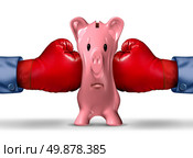 Financial money pressure and money crunch business concept with two red boxing gloves putting the squeeze on a pink piggy bank under a finance crisis pressure as an icon of savings and budget problems. Стоковое фото, агентство Ingram Publishing / Фотобанк Лори