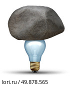 Strong idea concept as a creative strength symbol of determination with a large rock or boulder sitting on top of a glass light bulb representing strong innovative ideas and business solutions that overcome challenges and adversity on white. Стоковое фото, агентство Ingram Publishing / Фотобанк Лори