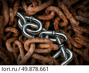 Persistence and endurance business concept with a group of old dirty rusted iron chains contrasted with shiny chrome links as a symbol of standing out from the crowd and surviving adversity and a down economy. Стоковое фото, агентство Ingram Publishing / Фотобанк Лори