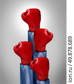 Fight to the top business concept with a group of upward direction red boxing gloves from businessmen competing for success as a symbol of competitive group leadership with one glove emerging as the leader of the pack. Стоковое фото, агентство Ingram Publishing / Фотобанк Лори