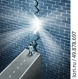 Medical research breakthrough as a health care and medicine science discovery concept as a doctor holding a sledge hammer breaking down a brick wall obstacle as a metaphor for finding a cure to disease with new technology. Стоковое фото, агентство Ingram Publishing / Фотобанк Лори