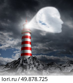 Human Guidance Direction business concept with a lighthouse beacon tower shinning a guiding light shaped as a key head on a stormy dark background sky as a symbol of vision and focusing on a planned strategy. Стоковое фото, агентство Ingram Publishing / Фотобанк Лори