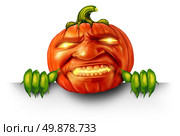 Pumpkin character with green plant hands holding a blank banner sign as a jack o lantern Halloween message with a scary expression as an orange holiday symbol with magical glowing candle light on a white background. Стоковое фото, агентство Ingram Publishing / Фотобанк Лори