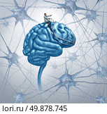 Brain medical research concept with a science doctor on a brain steering with a harness the direction through a maze of three dimensional neurons as an icon of finding a cure with a proper diagnosis for autism and alzeimers disease. Стоковое фото, агентство Ingram Publishing / Фотобанк Лори
