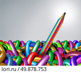 Creative breakout and innovative leadership with a talented persistent leader pencil symbol emerging and escaping a tangled confused group of color pencils as an icon of imagination and new leading education ideas. Стоковое фото, агентство Ingram Publishing / Фотобанк Лори