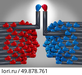 Working with competitors as a planned agreement to work together forming a strategic alliance for business success as groups of boxing gloves shaped as a human head creating an upward arrow icon. Стоковое фото, агентство Ingram Publishing / Фотобанк Лори