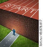 New job challenges concept with a business and financial obstacles metaphor as a businessman standing in front of a large brick wall that has blocked his track and field path obstructing a journey to success. Стоковое фото, агентство Ingram Publishing / Фотобанк Лори