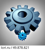 Young leader or apprentice business technology concept with a symbol of an older experienced  giant gear or cog teaching a small confident young  machine wheel the skills of industry success to a student learning the power of leadership. Стоковое фото, агентство Ingram Publishing / Фотобанк Лори
