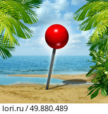 Vacation spot and holiday travel planning search concept with a location red pushpin  on a tropical sandy beach as a metaphore for tourism and finding the best rated escape place for relaxation. Стоковое фото, агентство Ingram Publishing / Фотобанк Лори