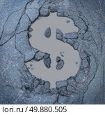 Infrastructure costs and road construction and repair budget as a business symbol of  the expenses of fixing urban highways as an old asphalt street damaged with apothole in the shape of a dollar sign. Стоковое фото, агентство Ingram Publishing / Фотобанк Лори
