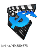 Entertainment prices as an open black clap board symbol with pointy teeth biting into a money dollar sign as a metaphor for the high cost of movie tickets and cinema production budgets represented by an isolated film slate. Стоковое фото, агентство Ingram Publishing / Фотобанк Лори