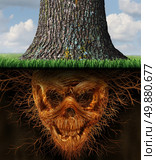 Hidden danger and risk  as a business concept as a growing tree trunk with underground plant roots shaped as an evil human skeleton skull as a symbol of dishonesty and dangers of fraud. Стоковое фото, агентство Ingram Publishing / Фотобанк Лори