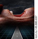 Geriatric medicine and elderly suffering solutions and senior pain or distress with a road leading to a side view close up of an old retired person screaming and suffering begging for help as a health care symbol. Стоковое фото, агентство Ingram Publishing / Фотобанк Лори
