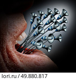 Whistleblower symbol or seniors and elderly rights concept as an old age abuse icon with a group of megaphone horns coming out of the mouth of an aging person as a political voice of the older citizens reporting violations. Стоковое фото, агентство Ingram Publishing / Фотобанк Лори