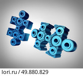 Business puzzle coming together as a success metaphor with two three dimensional jigsaw pieces made from gears and cog wheels merging and joining as a strong partnership through planned teamwork. Стоковое фото, агентство Ingram Publishing / Фотобанк Лори