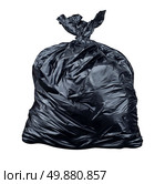 Garbage bag isolated on a white background as a symbol of waste management and environmental issues as a throw away black plastic sack full of  dirty smelly trash and useless junk. Стоковое фото, агентство Ingram Publishing / Фотобанк Лори