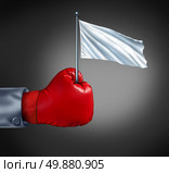 Business surrender as a metaphor for retreat in finance with a red boxing glove holding a blank cloth on a flagpole  as an icon of giving up the fight and competition loss. Стоковое фото, агентство Ingram Publishing / Фотобанк Лори