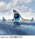 Keep an eye out for risk and insider metaphor as a human eye shaped as a shark dorsal fin in the ocean with sharks swimming around in the ocean as a symbol of  staying vigilant with undercover security or business espionage. Стоковое фото, агентство Ingram Publishing / Фотобанк Лори