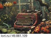 An antique red typewriter sits among a colorful array of blooming flowers. Стоковое AI-изображение, AI-художник Данила Большаков / Фотобанк Лори