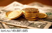 A stack of money is neatly arranged on top of a wooden table, showcasing a significant amount of cash in various denominations. Стоковое AI-изображение, AI-художник Данила Большаков / Фотобанк Лори