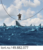 Vulnerable business concept  as an overweight unfit businessman walking on a sinking highwire with dangerouse sharks ready to attack as a metaphor for financial vulnerability in a competitive economic environment. Стоковое фото, агентство Ingram Publishing / Фотобанк Лори
