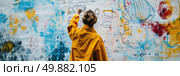 A person is writing on a wall covered in vibrant and colorful graffiti. Стоковое AI-изображение, AI-художник Данила Большаков / Фотобанк Лори