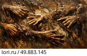 A haunting painting depicting hands of zombies rising ominously from the earth, conveying a sense of horror and dread. Стоковое AI-изображение, AI-художник Данила Большаков / Фотобанк Лори