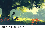 A person sits beneath a tree, engrossed in a book they are reading. Стоковое AI-изображение, AI-художник Данила Большаков / Фотобанк Лори