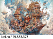 A fantastic illustration in the steampunk and fantasy style, executed with high detail. The image is a house ship floating in the clouds, filled with many fairy-tale characters, gnomes, wizards and mechanical creatures. The architecture combines elements of ancient wooden buildings and fantasy towers with ornate decorations. In the foreground, two main characters stand out - a wise old man with a long beard and a man in a red cloak and hat. Life is in full swing around them, many small creatures are active. Airships, fantasy creatures and flying machines soar in the sky. The atmosphere of the image is filled with movement, magic and the spirit of adventure. Стоковое AI-изображение, AI-художник Анна Кривицкая / Фотобанк Лори
