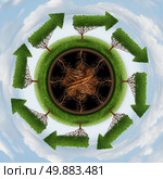 Clean the air environment and conservation concept with a group of global arrow trees going round in a circle as a nature symbol of cleaning the globe of pollution and toxins through a natural cycle. Стоковое фото, агентство Ingram Publishing / Фотобанк Лори