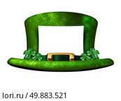 Shamrock hat blank sign belonging to a Leprechaun as a white banner with a green lucky top as a classic St Patricks day symbol and luck icon of Irish tradition celebration with magical four leaf clover decorations. Стоковое фото, агентство Ingram Publishing / Фотобанк Лори