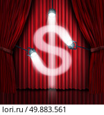 Business presentation or company sales pitch to find investors in a new financial venture as a stage with red silk curtains or drapes with shinning spot lights illuminating in the shape of a dollar sign as a metaphor for raising funds in front of an audience. Стоковое фото, агентство Ingram Publishing / Фотобанк Лори