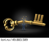 Key to leadership business concept as a strong businessman breaking the financial icon in half as a metaphor for powerful management changes  in strategy for a new direction in success and freedom. Стоковое фото, агентство Ingram Publishing / Фотобанк Лори