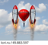 Accelerated growth rate business concept as a businessman flying up with a hot air balloon helped by two rocket boosters as a career success metaphor for rising opportunity  with new innovative competitive thinking. Стоковое фото, агентство Ingram Publishing / Фотобанк Лори