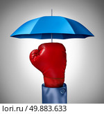 Competition protection business concept with a red boxing glove from a businessman with a blue umbrella symbol protecting as a defense and buffer safeguard for risk and financial uncertainty. Стоковое фото, агентство Ingram Publishing / Фотобанк Лори