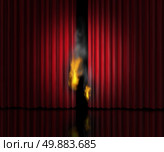 Hot show entertainment concept as a theatre stage with red velvet curtains or drapes burning with flames and smoke as a metaphor for a sizzling cinematic performance or the heat of gossip scandal or steamy rumors. Стоковое фото, агентство Ingram Publishing / Фотобанк Лори