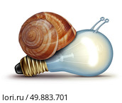 Low energy and slow creative concept as a light bulb or lightbulb with a snail shell as an innovation crisis metaphor for creativity issues facing new ideas to innovate on a white background. Стоковое фото, агентство Ingram Publishing / Фотобанк Лори