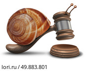 Slow justice law concept as a gavel or mallet shaped as a sluggish snail shell hitting a sounding block as a symbol of problems with legal system sentencing delays and lagging political legislation. Стоковое фото, агентство Ingram Publishing / Фотобанк Лори