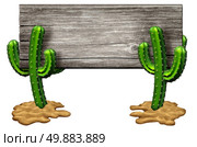 Cactus sign as two Cacti plants on a desert sand floor holding up an old rustic wood banner isolated on white as marketing and advertising symbol of hot dry weather and arid habitat found in southwest parts of north america as Texas and mexico. Стоковое фото, агентство Ingram Publishing / Фотобанк Лори