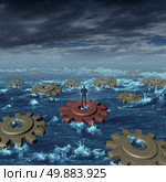 Business crisis management concept as a businessman on a machine cog floating with a group of other detached gears on a stormy sea as a symbol of industry adversity and  leadership skill to put the pieces together. Стоковое фото, агентство Ingram Publishing / Фотобанк Лори