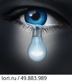 Depression therapy concept as a depressed human eye crying a tear shaped as a light bulb as a metaphor for solutions in the the treatment of mental health issues through psychotherapy or medication healing. Стоковое фото, агентство Ingram Publishing / Фотобанк Лори
