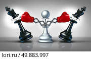 New competition business concept with a chess pawn punching and destroying competitors as two king pieces with hidden red boxing gloves as a metaphor for innovative corporate attack strategy and planning to win. Стоковое фото, агентство Ingram Publishing / Фотобанк Лори