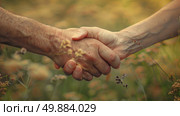 Close up of two individuals holding hands, fingers interlocked, showing connection and unity. Стоковое AI-изображение, AI-художник Данила Большаков / Фотобанк Лори