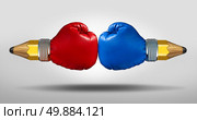 Education battle concept as two pencils with boxing gloves fighting for opposing learning and school curriculum ideology. Стоковое фото, агентство Ingram Publishing / Фотобанк Лори