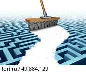 Teamwork solution and company support business concept as a metaphor of a broom with the cleaning bristles made from people icons clearing a path through a complicated maze as a symbol working together for team success. Стоковое фото, агентство Ingram Publishing / Фотобанк Лори