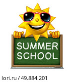 Summer school education concept as a happy fun three dimensional sun character holding a chalkboard with a drawing of the words as a symbol of learning extracurricular courses in the hot seasonal months. Стоковое фото, агентство Ingram Publishing / Фотобанк Лори