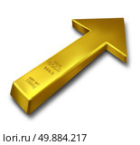 Gold rise business concept and commodities price increase symbol as a bar of yellow precious metal object shaped as an upward arrow on a white background. Стоковое фото, агентство Ingram Publishing / Фотобанк Лори